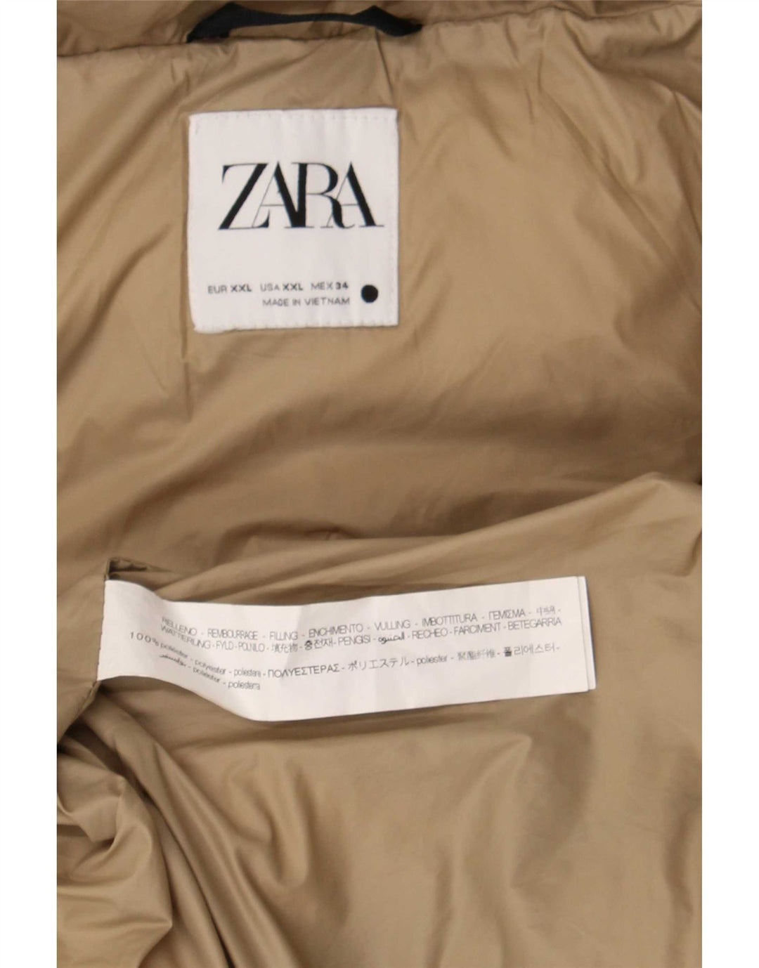 Zara Dame Hætte Polstret Jakke UK 20 2XL Beige Polyester