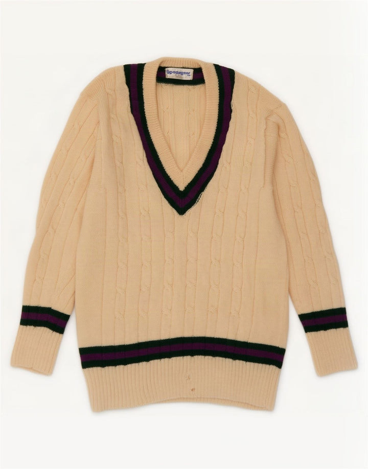 Vintage herre V-hals sweater Small Beige Colourblock