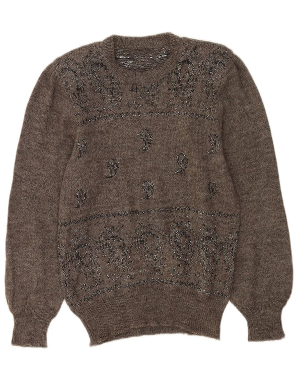 Vintage dame sweater med rund hals DK 14 Medium Grå Paisley