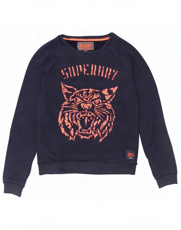 Superdry Dame Sweatshirt Jumper UK 14 Medium Navy Blue Animal Print