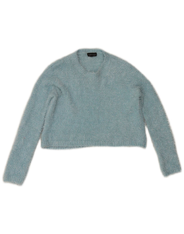 Topshop Dame Crop Crew Neck Jumper Sweater UK 8 Small Blue Polyester