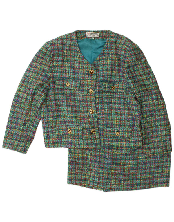 VINTAGE Dame 4-knaps 2-delt nederdelsæt IT 48 XL W32 Grøn ternet uld