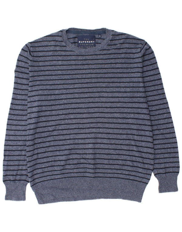 Superdry Mens Crew Neck Jumper Sweater 2XL Navy Blue Striped Cotton