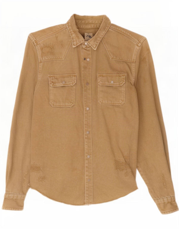Zara Herre Distressed Denim Shirt Medium Brun Bomuld