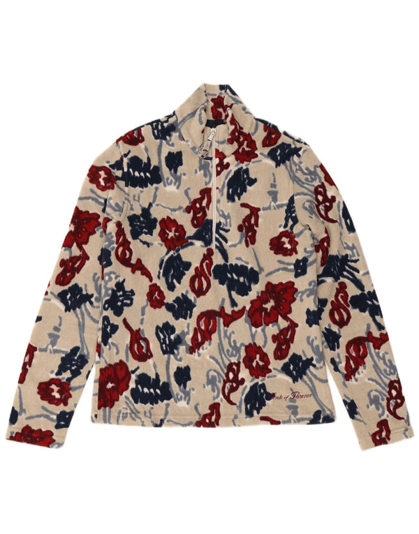 Conte of Florence Womens Zip Neck Fleece Jumper UK 10 Small Beige Floral