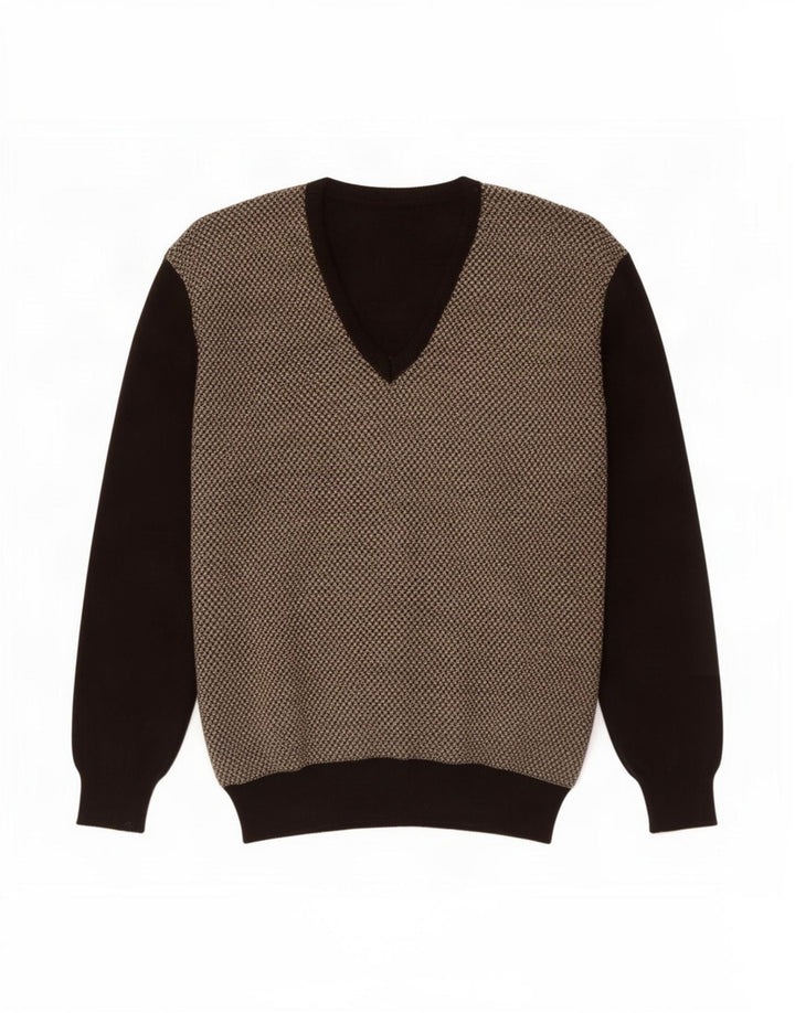 Vintage Herre V-hals sweater Medium Brun Colourblock
