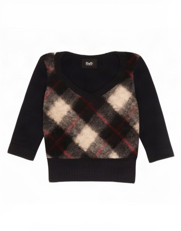 Dolce & Gabbana Dame Crop V-hals Jumper Sweater UK 14 Stor sort Plaid