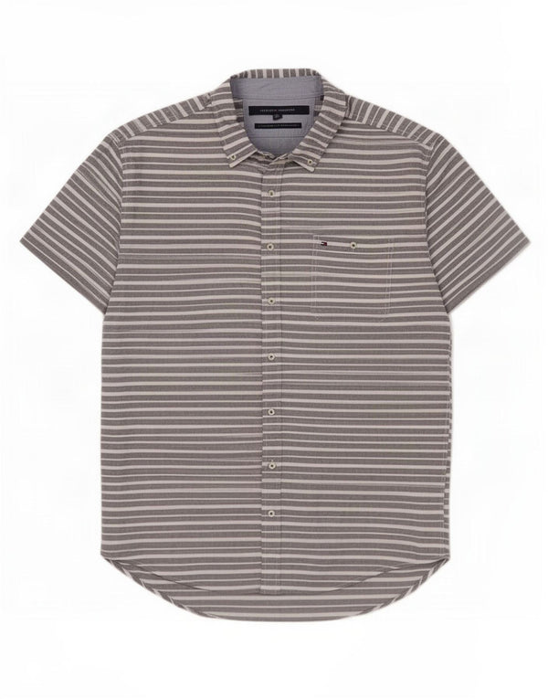 Tommy Hilfiger Herre kortærmet Custom Fit skjorte 2XL grå nålestribet bomuld