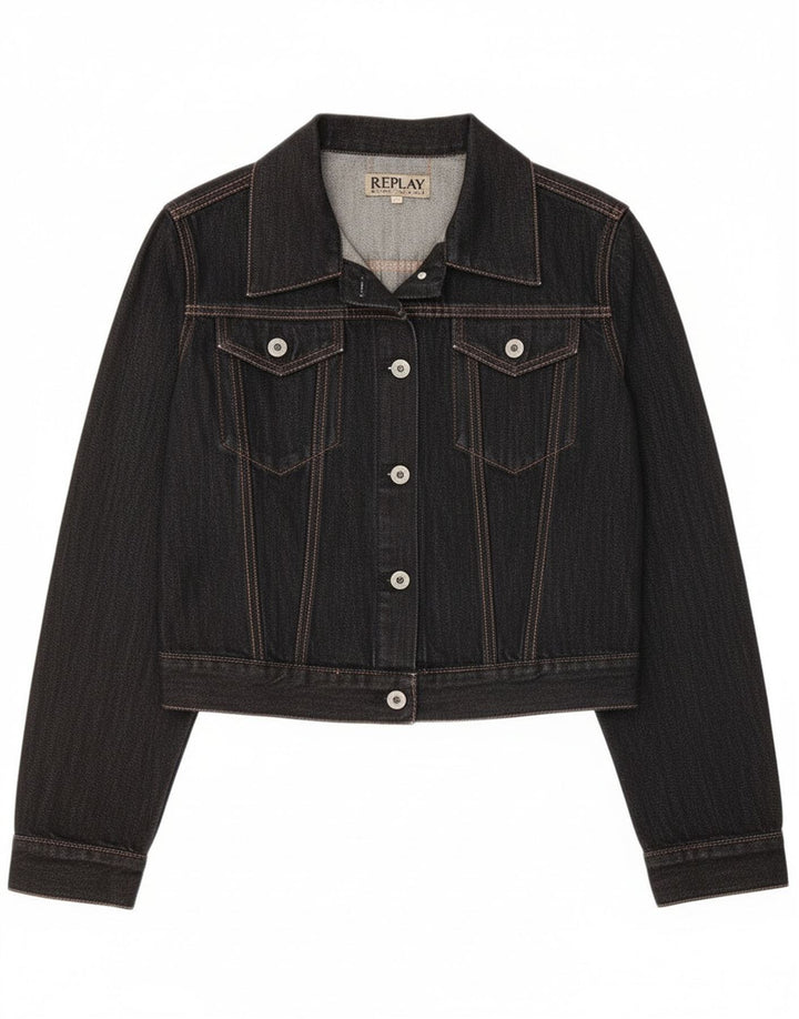 Replay Womens Crop Denim Jacket UK 14 Large Black Cotton
