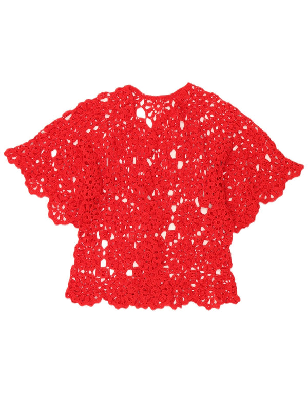 VINTAGE kortærmet hæklet cardigantop til kvinder DK 12 Medium Red Floral