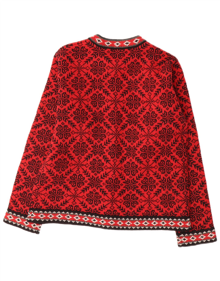 L.L.Bean Dame Cardigan Sweater UK 14 Medium Red Fair Isle Wool