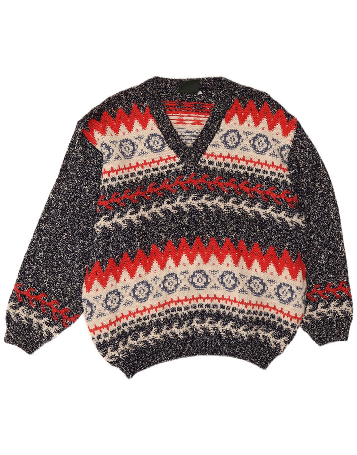 Vintage Herre V-hals sweater Large Navy Blue Fair Isle