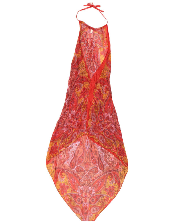 Vintage Dame Halter Asymmetrisk Kjole UK 8 Small Red Paisley Silk