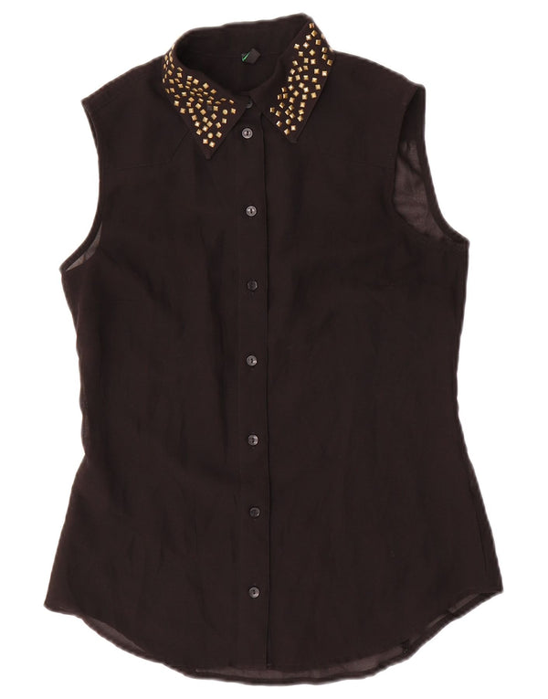 Benetton Dame ærmeløs skjorte bluse UK 10 Small Black