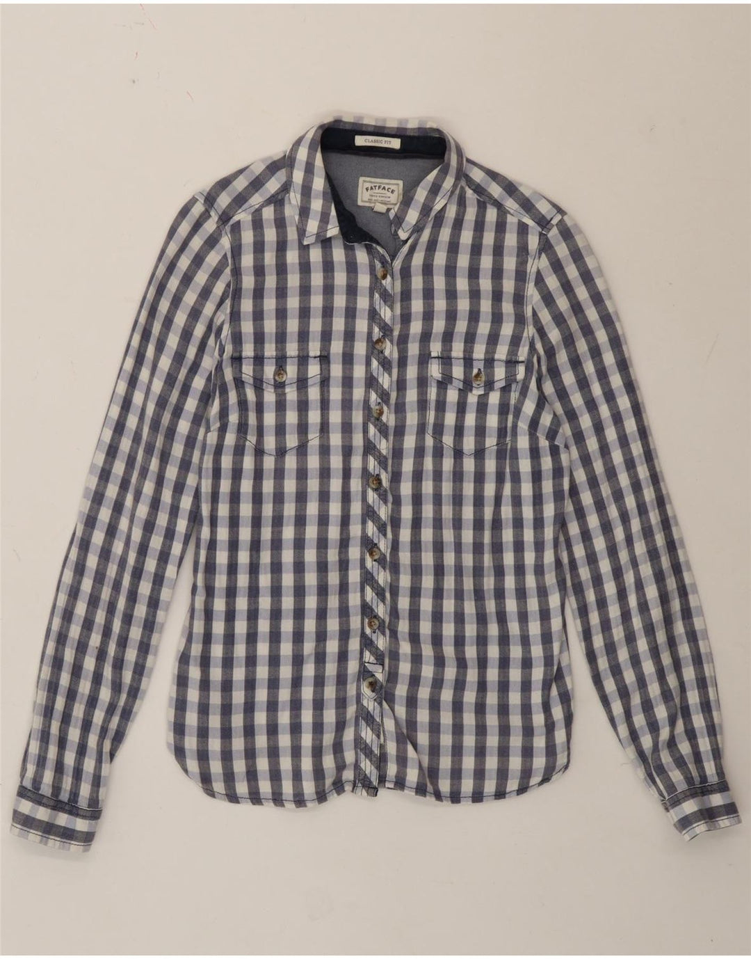 Fat Face Dame Classic Fit skjorte UK 12 Medium Blue Gingham Cotton