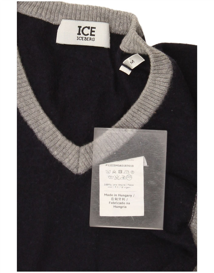 Iceberg Dame V-hals sweater UK 12 Medium Navy Blue Colourblock