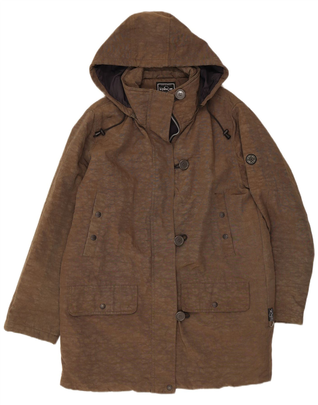 Kipling Dame Hætte Overfrakke UK 16 Stor Khaki Animal Print Nylon