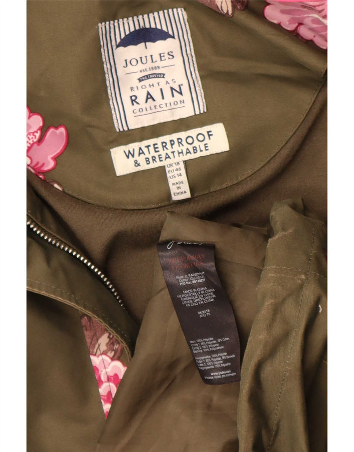 Joules Dame Hætte Oversized Regnfrakke UK 18 XL Khaki Floral Polyester