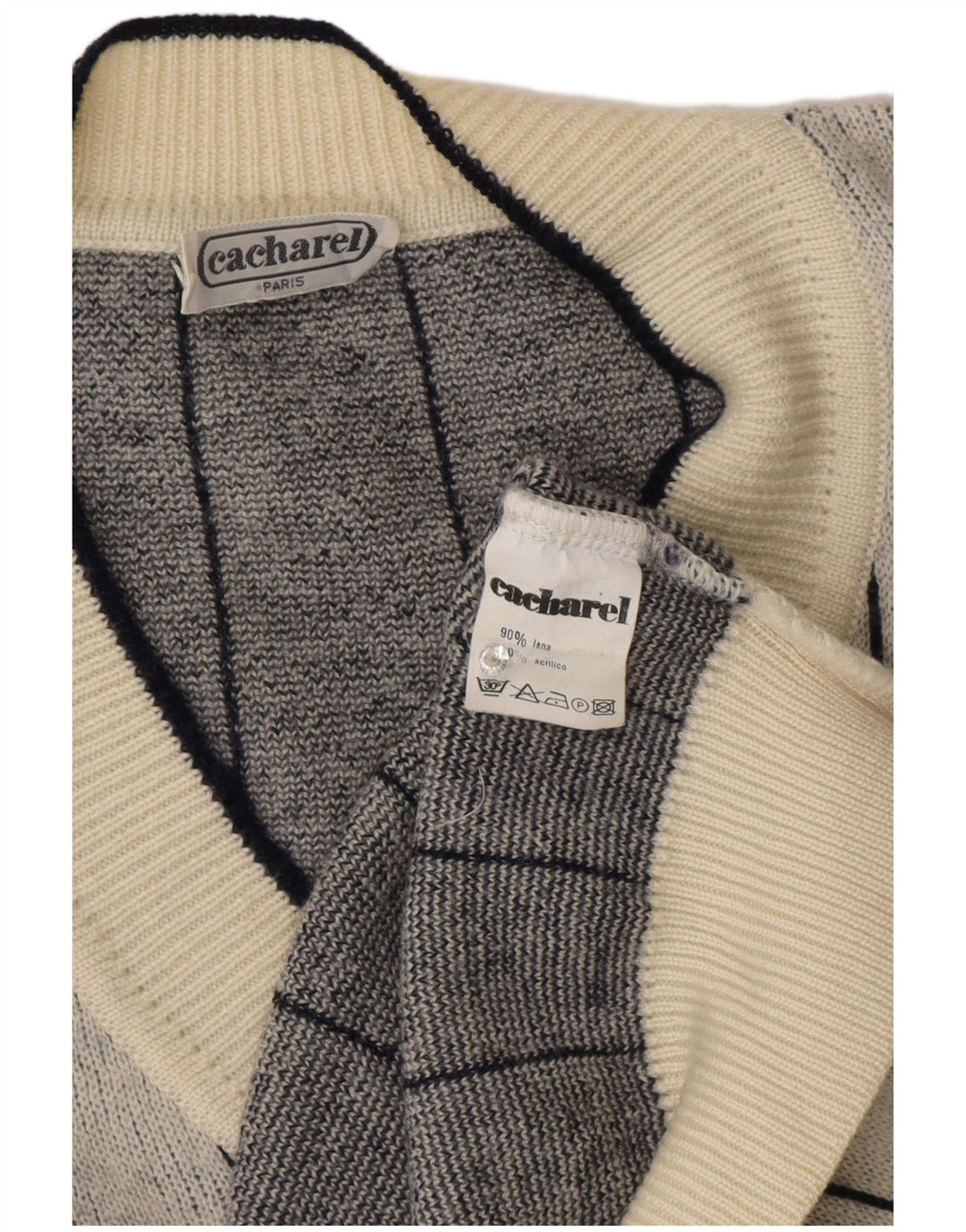 Cacharel Dame V-hals sweater UK 18 XL Gråstribet uld