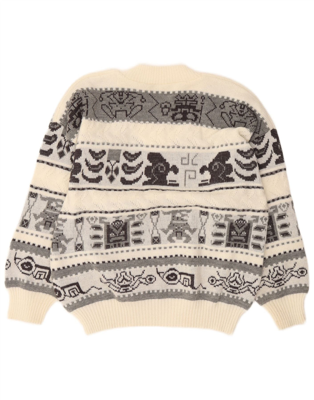Vintage Herre V-hals sweater Stor Off White Geometrisk