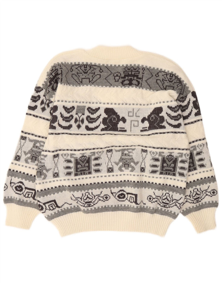 Vintage Herre V-hals sweater Stor Off White Geometrisk