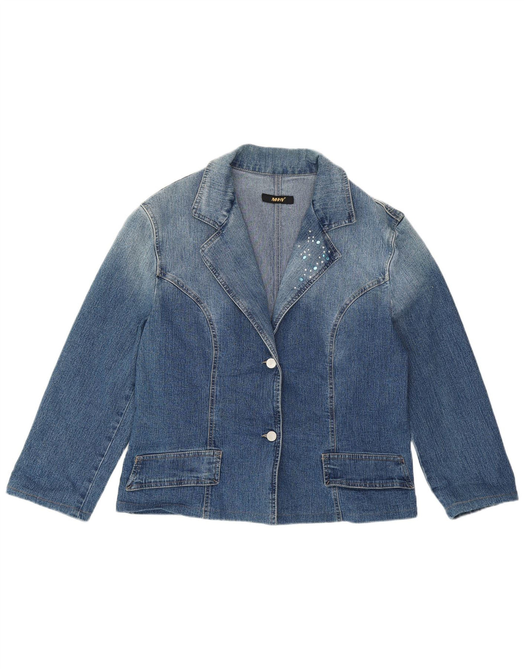 VINTAGE Womens Crop Denim 2 Button Blazer Jacket UK 22 3XL Blue Cotton