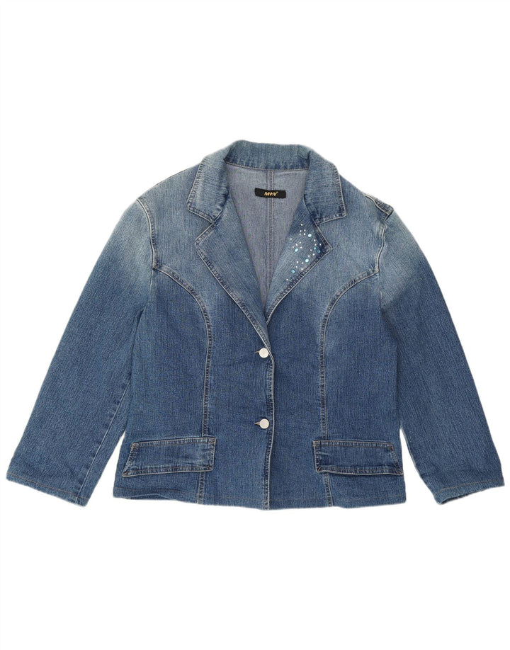 VINTAGE Womens Crop Denim 2 Button Blazer Jacket UK 22 3XL Blue Cotton