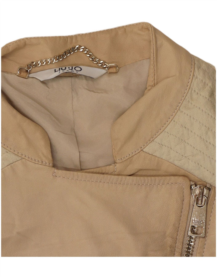 Liu Jo Womens Crop Biker Jacket IT 42 Medium Beige Colourblock Læder