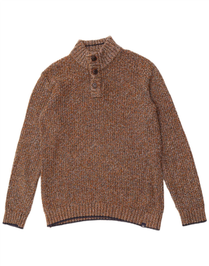 Fedt ansigt Herre Button Neck Jumper Sweater Medium Brun Flecked Bomuld