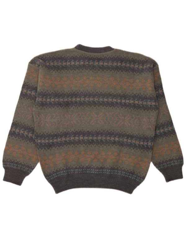 Vintage Herre Crew Neck Jumper Sweater Large Grey Fair Isle Wool