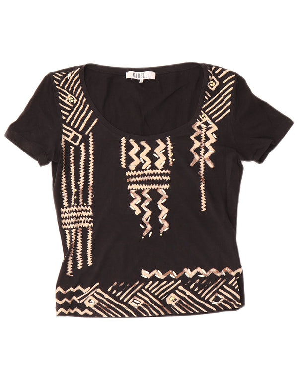 Marella Womens Graphic T-Shirt Top UK 10 Small Black Geometric Cotton