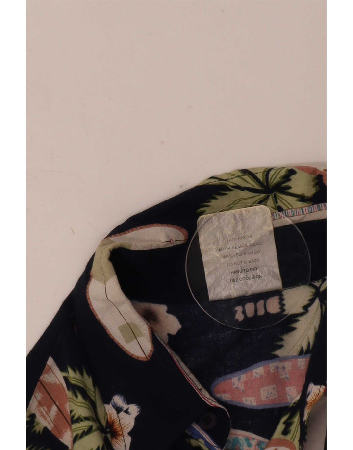 Vintage herre abstrakt mønster kortærmet skjorte stor marineblå rayon