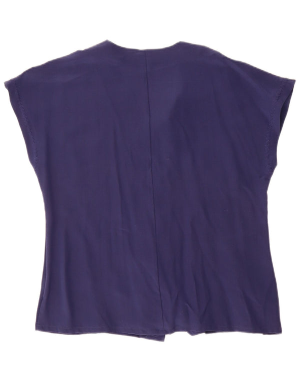 Vintage kvinders løs kortærmet skjortebluse UK 10 Small Navy Blue Silk
