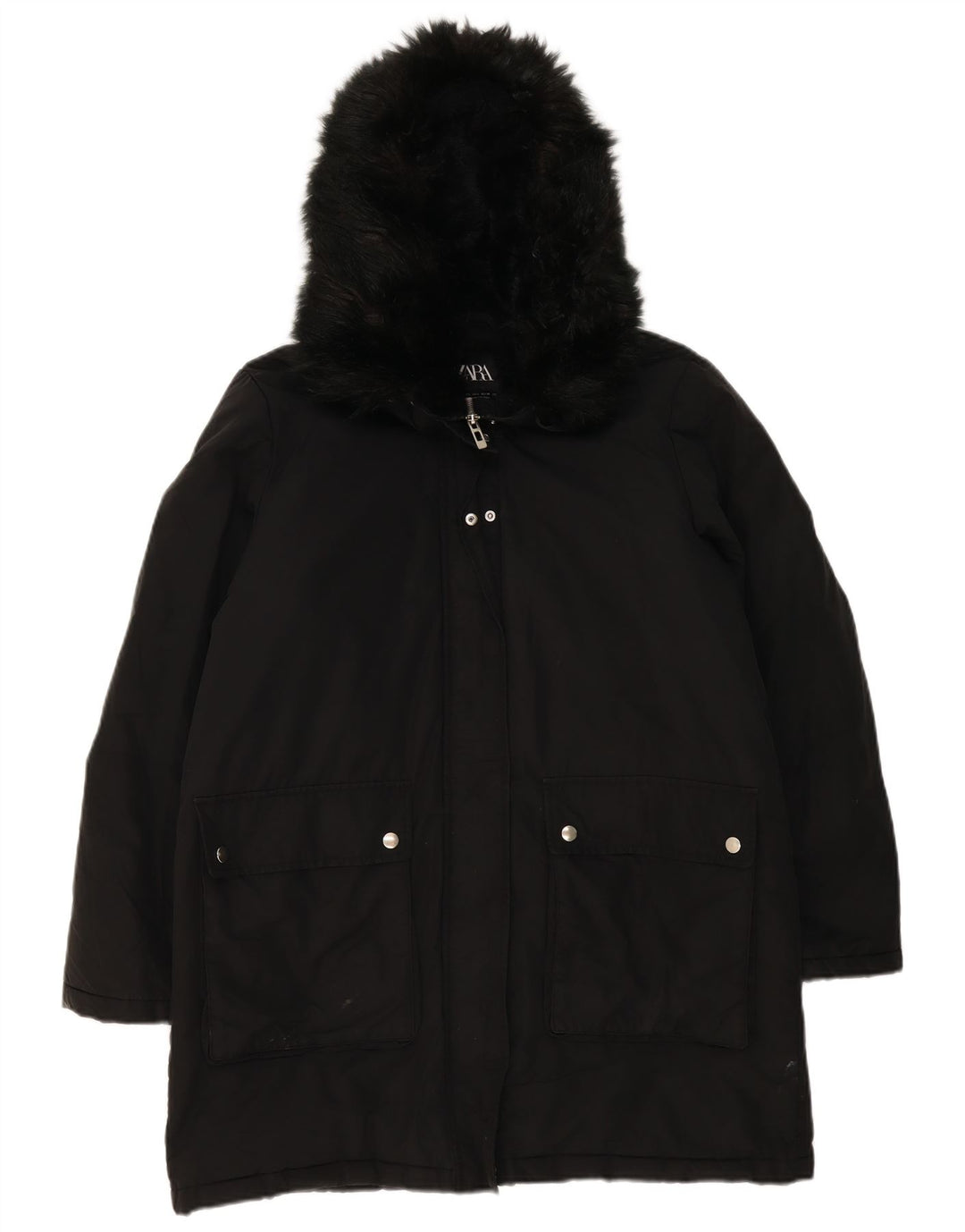 Zara Dame Hætte Oversized Parka Jacket UK 16 Stor Sort Polyester