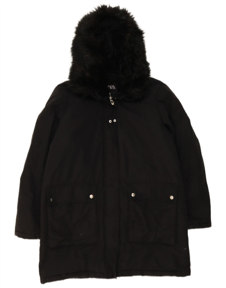 Zara Dame Hætte Oversized Parka Jacket UK 16 Stor Sort Polyester