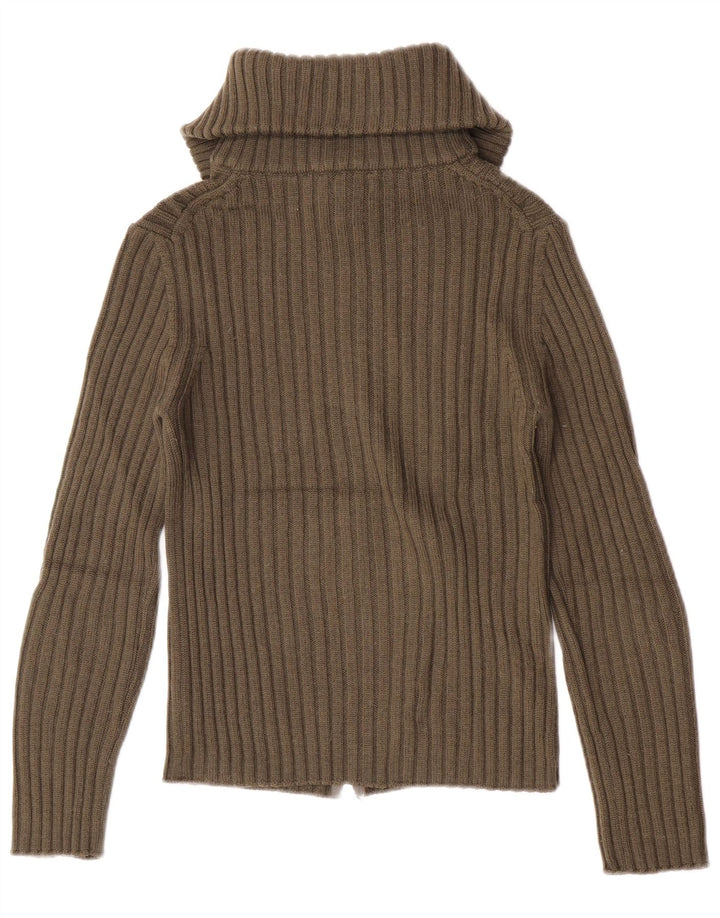 Benetton Dame Rullehals Cardigan Sweater UK 10 Small Khaki Wool