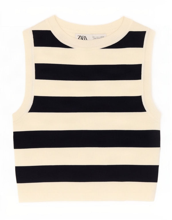 Zara Womens Crop Vest Top UK 12 Medium Beige Stribet Viscose