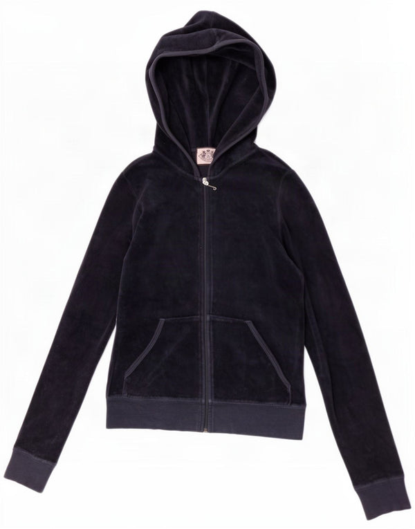 Juicy Couture Dame Velvet Zip Hoodie Sweater UK 8 Small Navy Blue Cotton