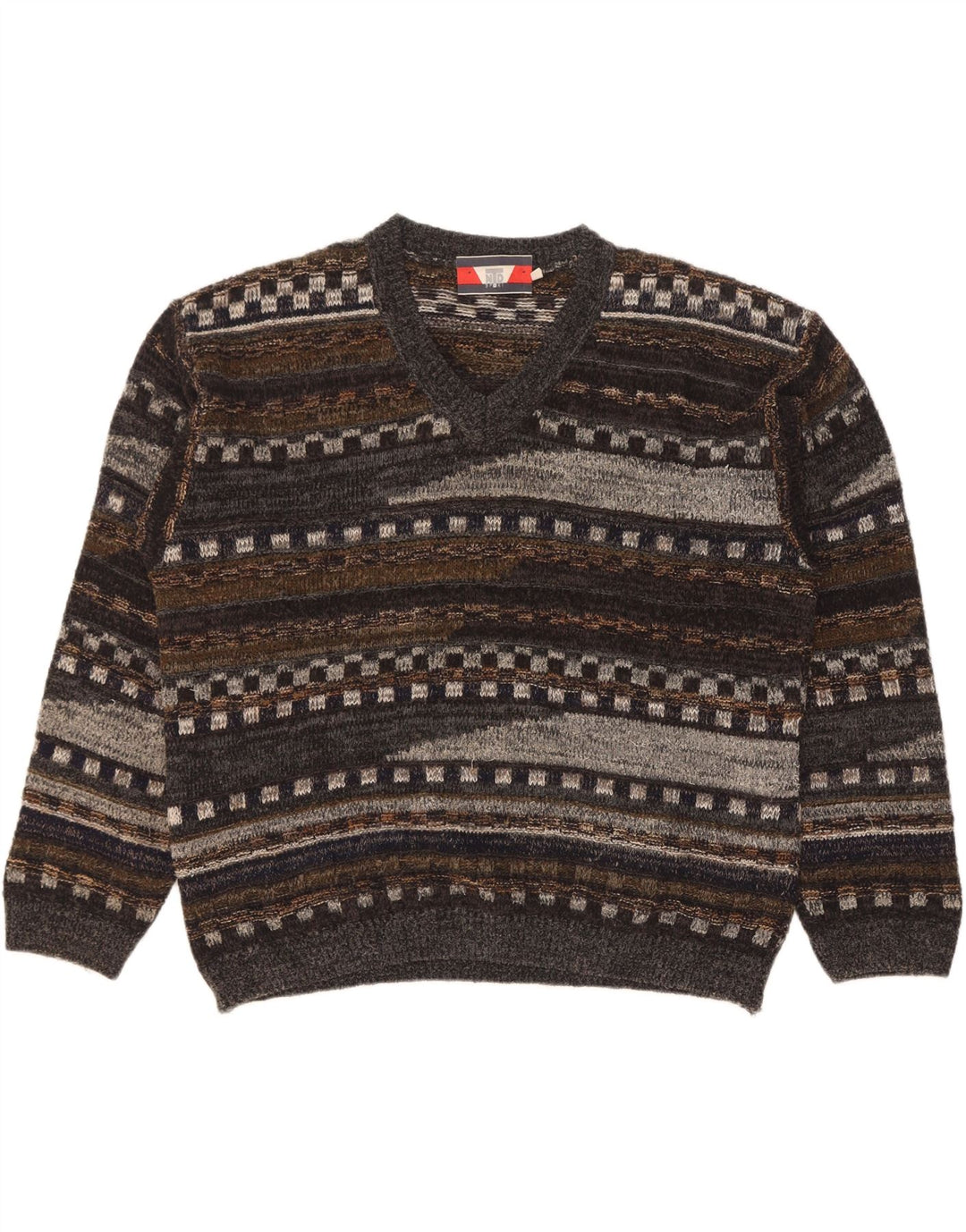 Vintage herre V-hals sweater stor grå geometrisk uld