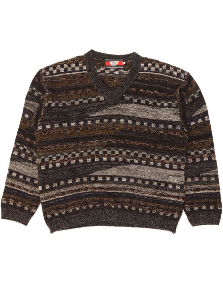 Vintage herre V-hals sweater stor grå geometrisk uld