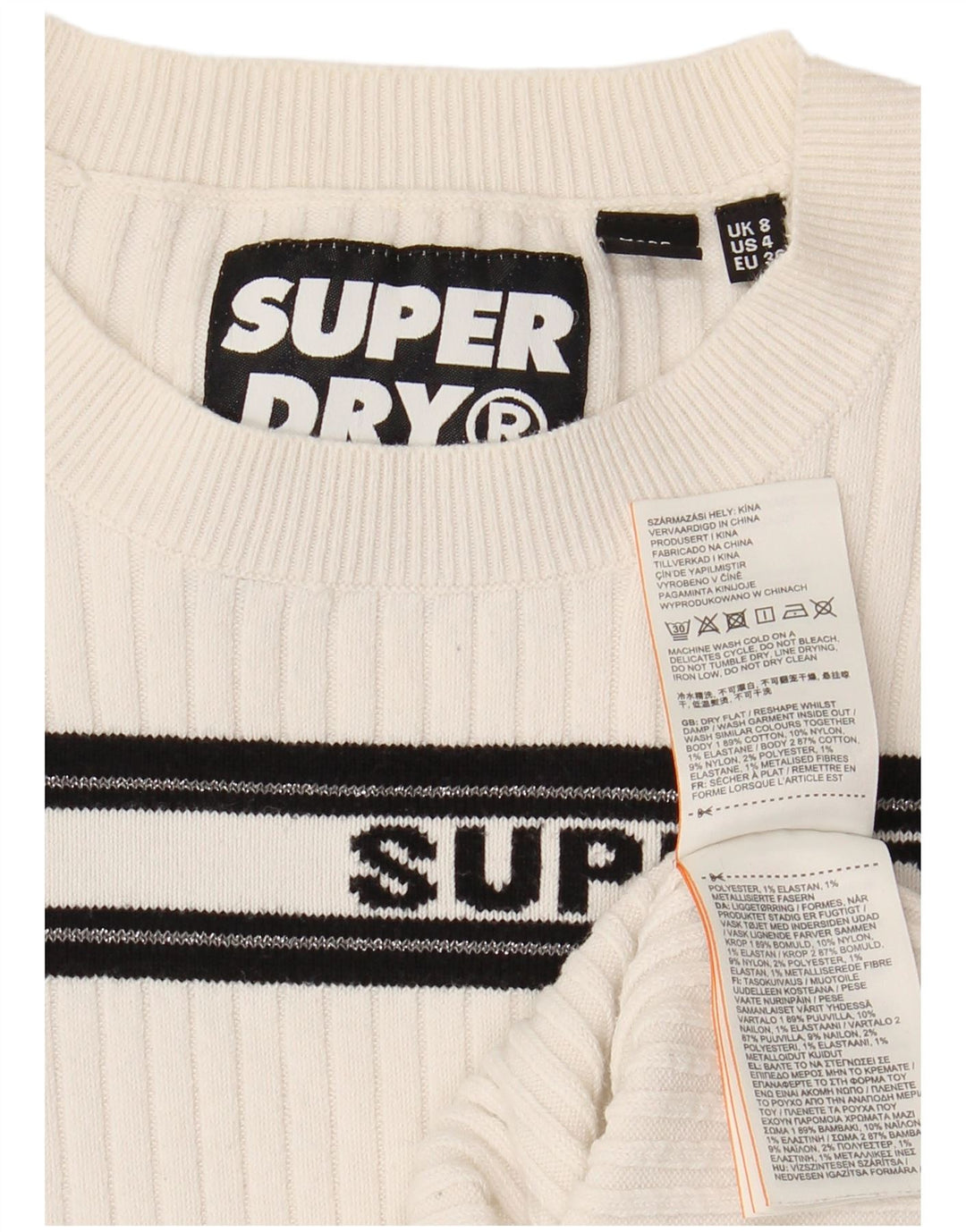 SUPERDRY Dame grafisk rund hals sweater UK 8 Lille hvid stribet