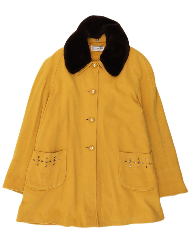 Vintage Dame Overfrakke UK 14 Stor Gul Colourblock Uld