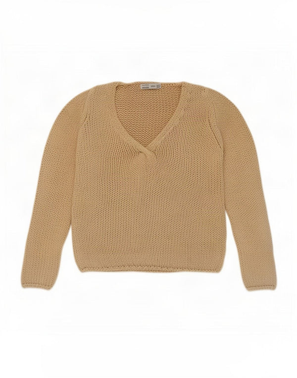 Zara Womens Crochet V-Neck Jumper Sweater UK 12 Medium Beige Cotton