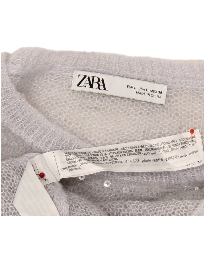 ZARA Womens Crop Boat Neck Jumper Sweater UK 16 Large Grey Polyester