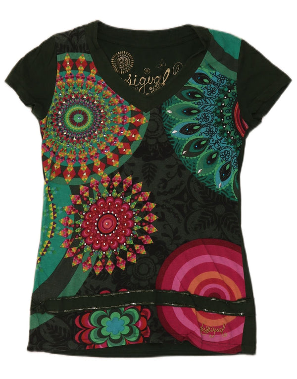 Desigual Dame Grafisk T-Shirt Top UK 12 Medium Grøn Paisley
