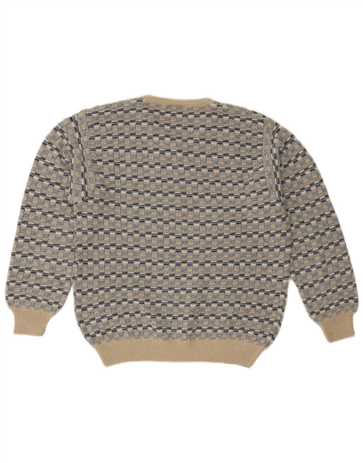 Vintage Herre V-hals sweater IT 48 Medium Beige Geometrisk Bomuld