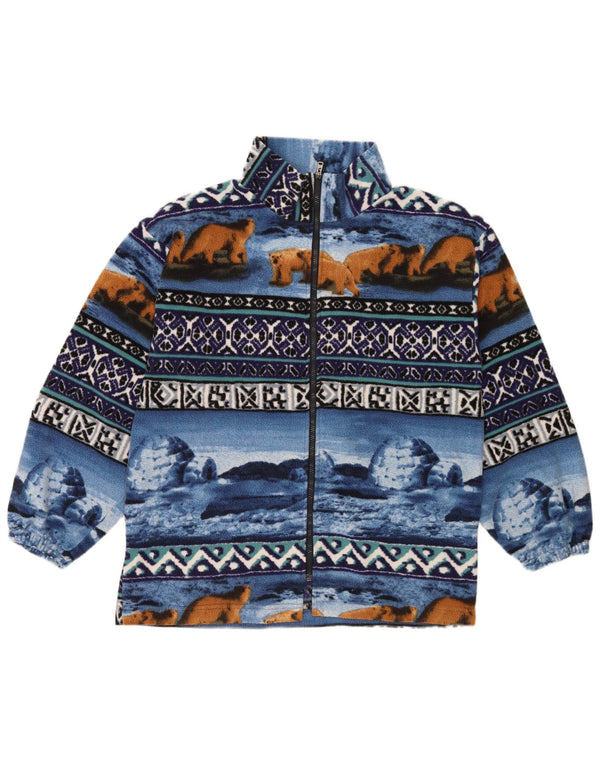 Vintage herre abstrakt mønster fleecejakke UK 38 Medium Blue Retro