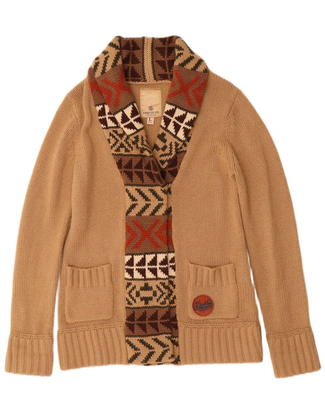 KHUJO Dame Cardigan Sweater UK 16 Stor Beige Geometrisk Akryl