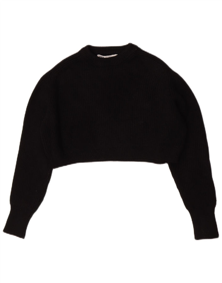 Zara Womens Crop Oversized Crew Neck Jumper Sweater UK 10 Small Black