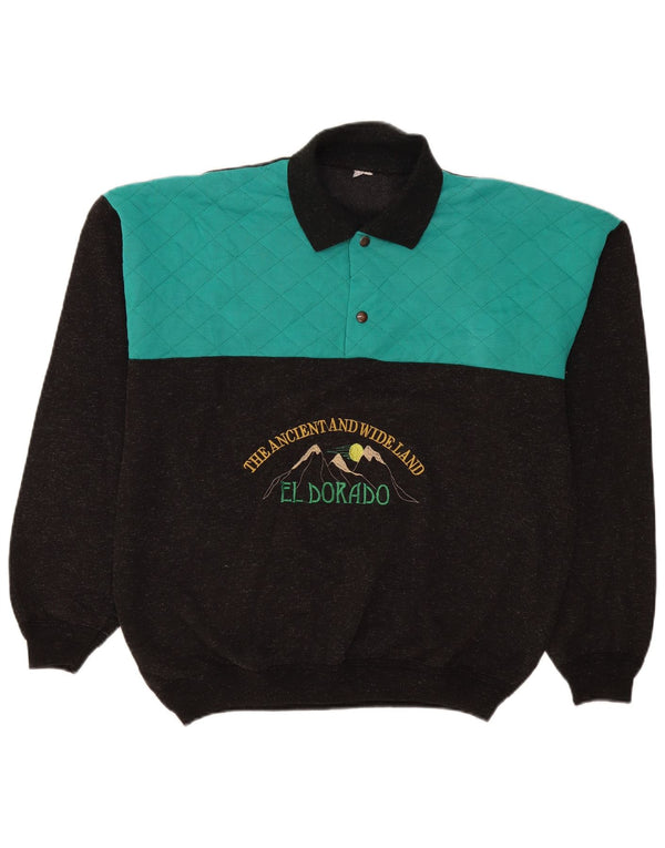 Vintage herre grafisk polo hals sweater stor grå farveblok